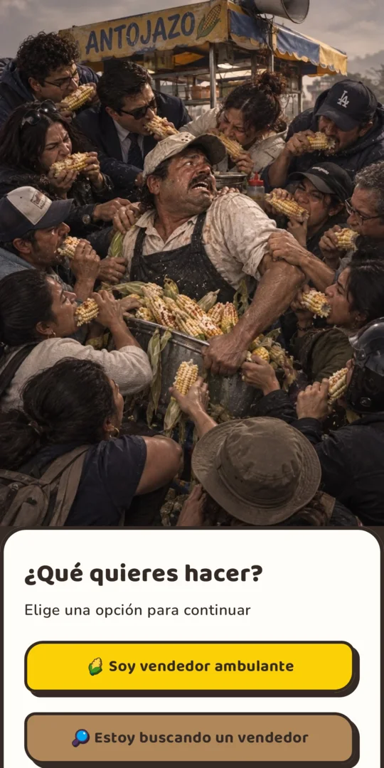 Pantalla de inicio: elegir entre soy vendedor ambulante o estoy buscando un vendedor