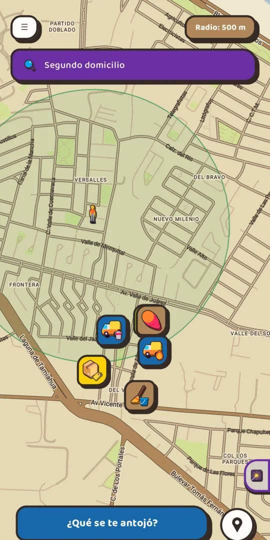 Mapa con varios vendedores cercanos dentro del radio de búsqueda