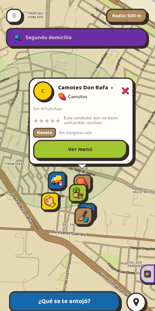 Tarjeta de un vendedor con su nombre, lo que vende, calificación y botón para ver su menú