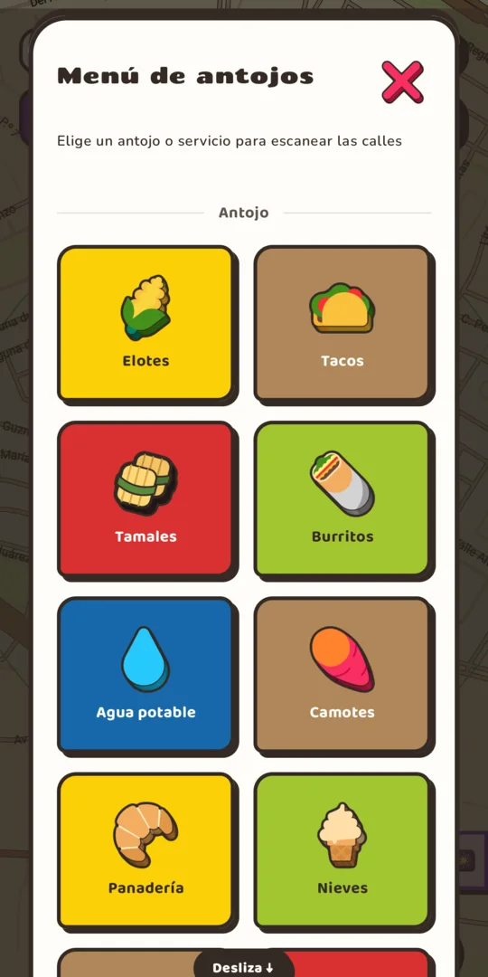 Menú de antojos con elotes, tacos, tamales, burritos, agua potable, camotes, panadería y nieves