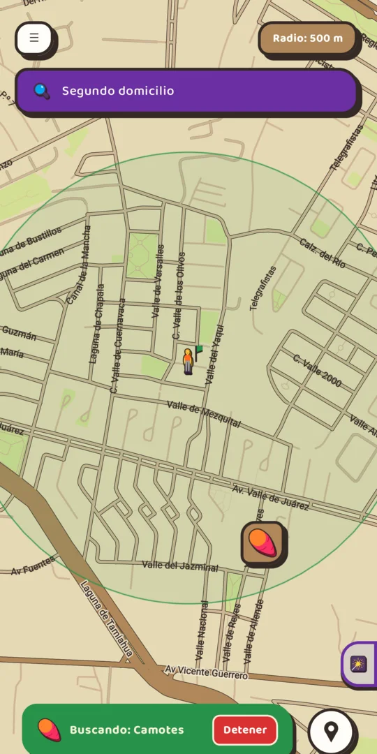 Mapa con la luz verde activa buscando camotes y el vendedor más cercano