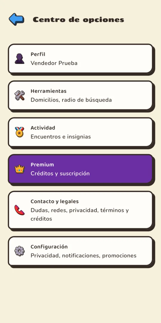 Centro de opciones con perfil, herramientas, actividad, Premium, contacto y configuración