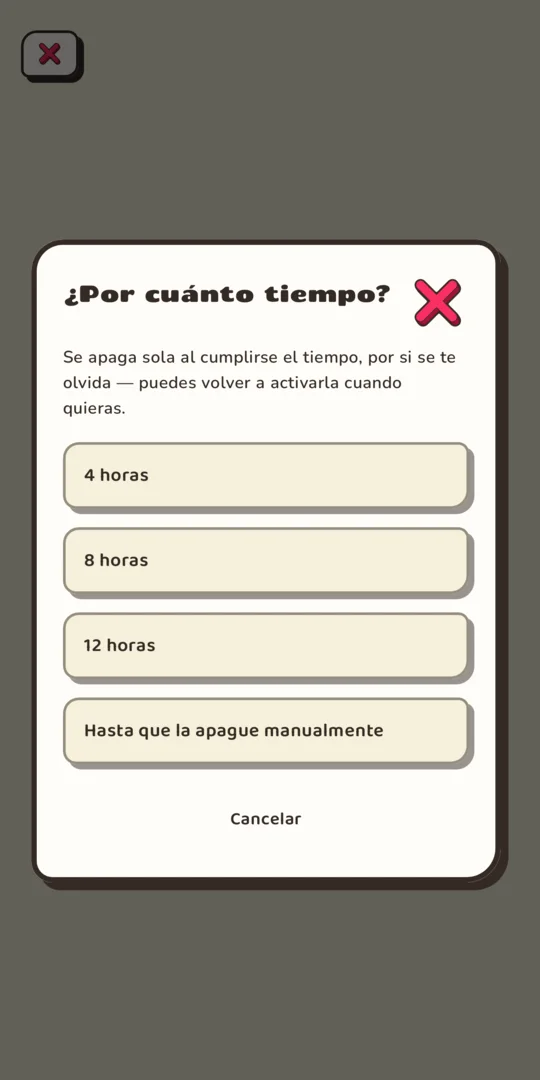 Cuadro para elegir por cuánto tiempo transmitir: 4, 8, 12 horas o hasta apagarla